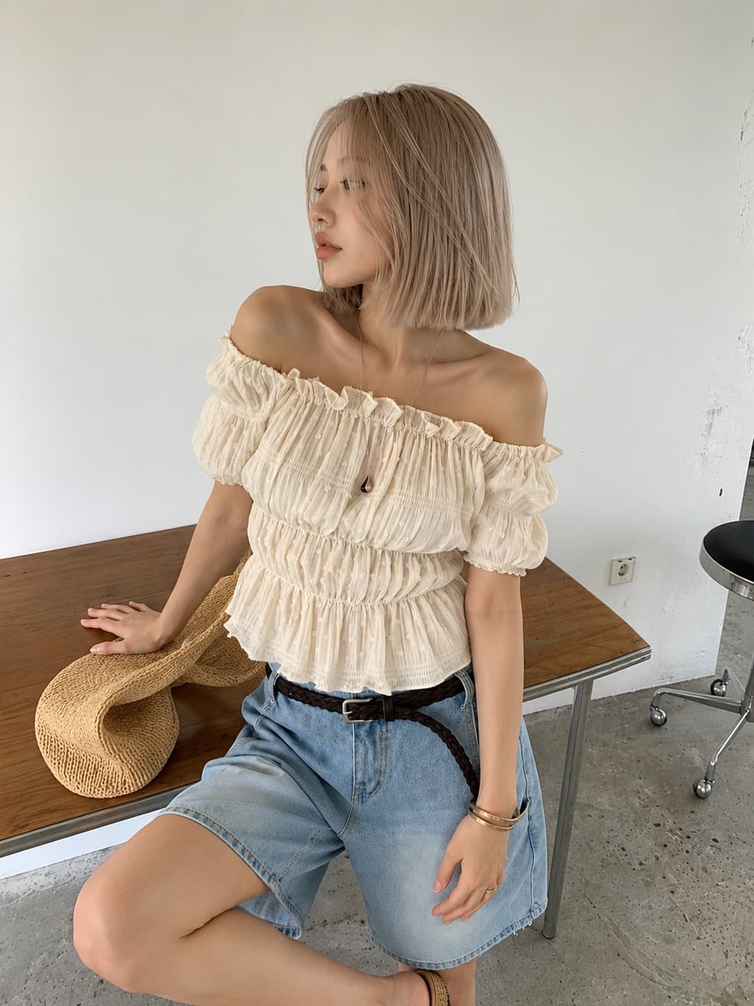 재고 있음 둘 색상 있음 선적 조금 자카드 주름 수평 칼라 맨위 상세 이미지 11
