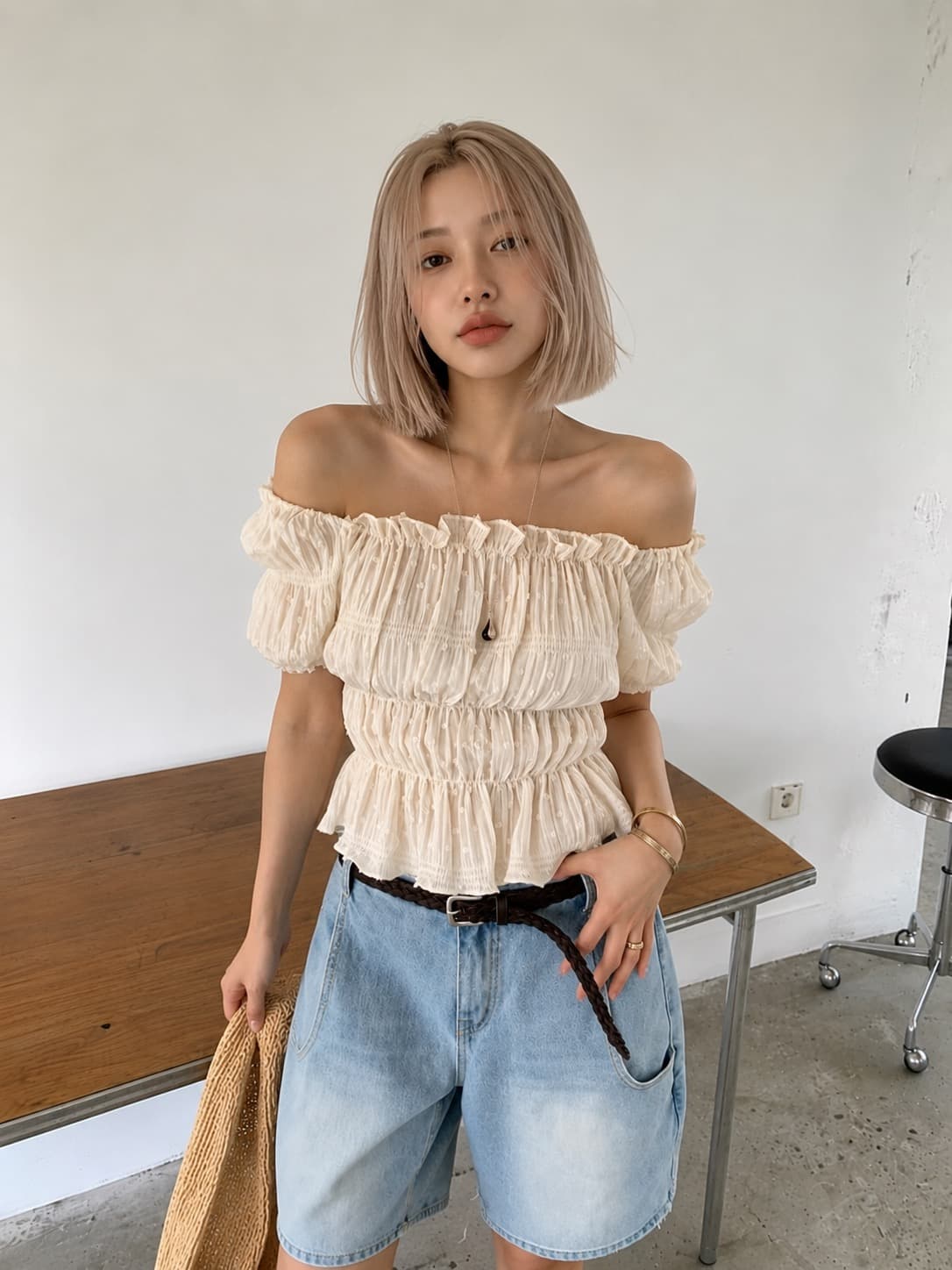 재고 있음 둘 색상 있음 선적 조금 자카드 주름 수평 칼라 맨위 상세 이미지 12
