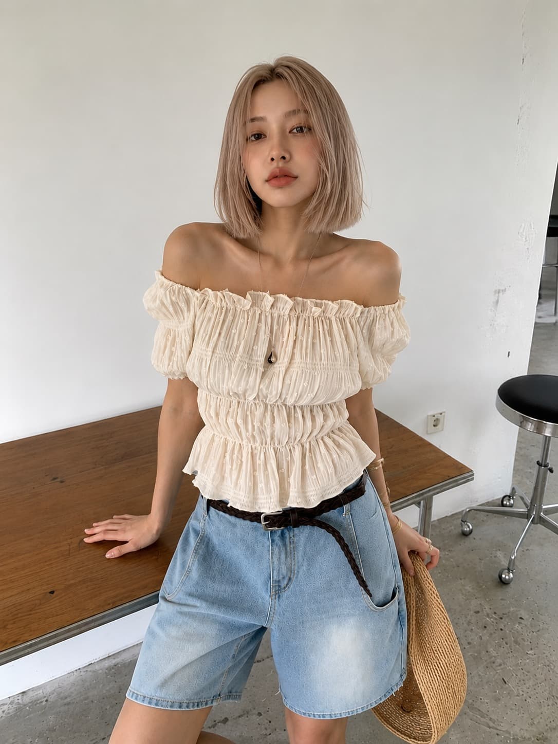 재고 있음 둘 색상 있음 선적 조금 자카드 주름 수평 칼라 맨위 상세 이미지 18