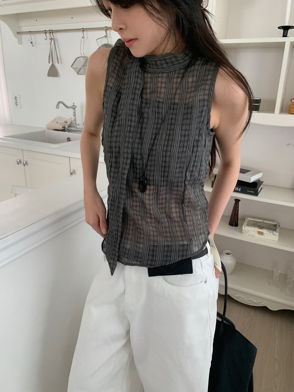 재고 있음 나비 넥타이 스탠드 칼라 여성 셔츠 여름 얇은 스타일 부드러운 바람 민소매 체크무늬 고급 센스 품격 조끼 상세 이미지 17