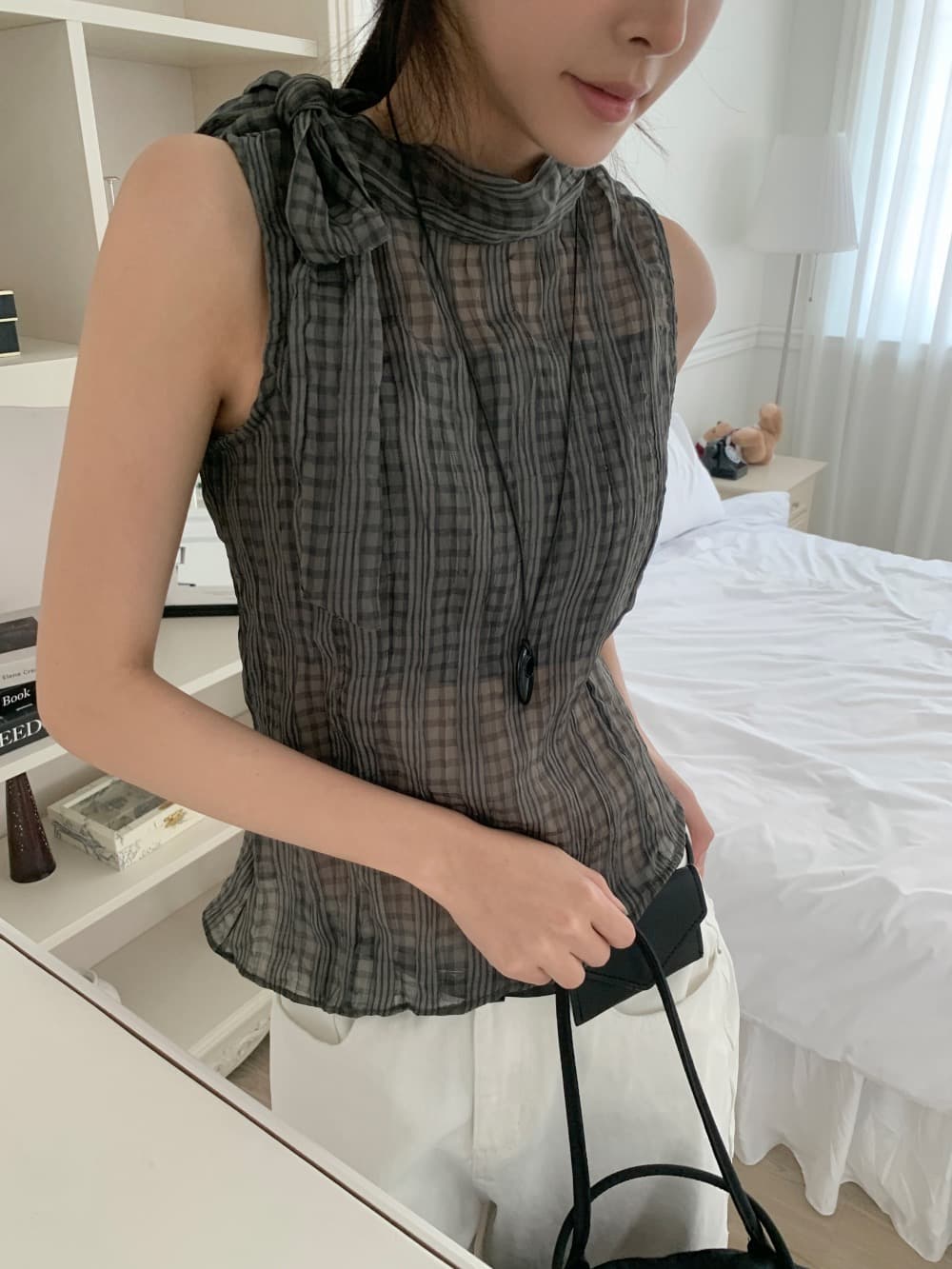 재고 있음 나비 넥타이 스탠드 칼라 여성 셔츠 여름 얇은 스타일 부드러운 바람 민소매 체크무늬 고급 센스 품격 조끼 상세 이미지 22
