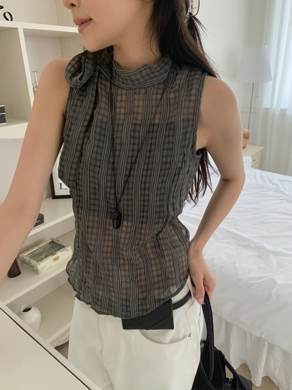 재고 있음 나비 넥타이 스탠드 칼라 여성 셔츠 여름 얇은 스타일 부드러운 바람 민소매 체크무늬 고급 센스 품격 조끼 상세 이미지 27