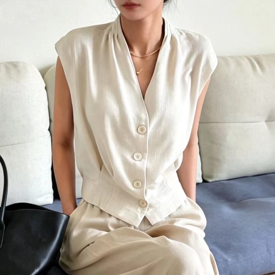 한국 스타일 허리 수축 슬림해 보이는 면 린넨 조끼 넓은 다리 길이 바지 세트 캐주얼 세트 상세 이미지 10