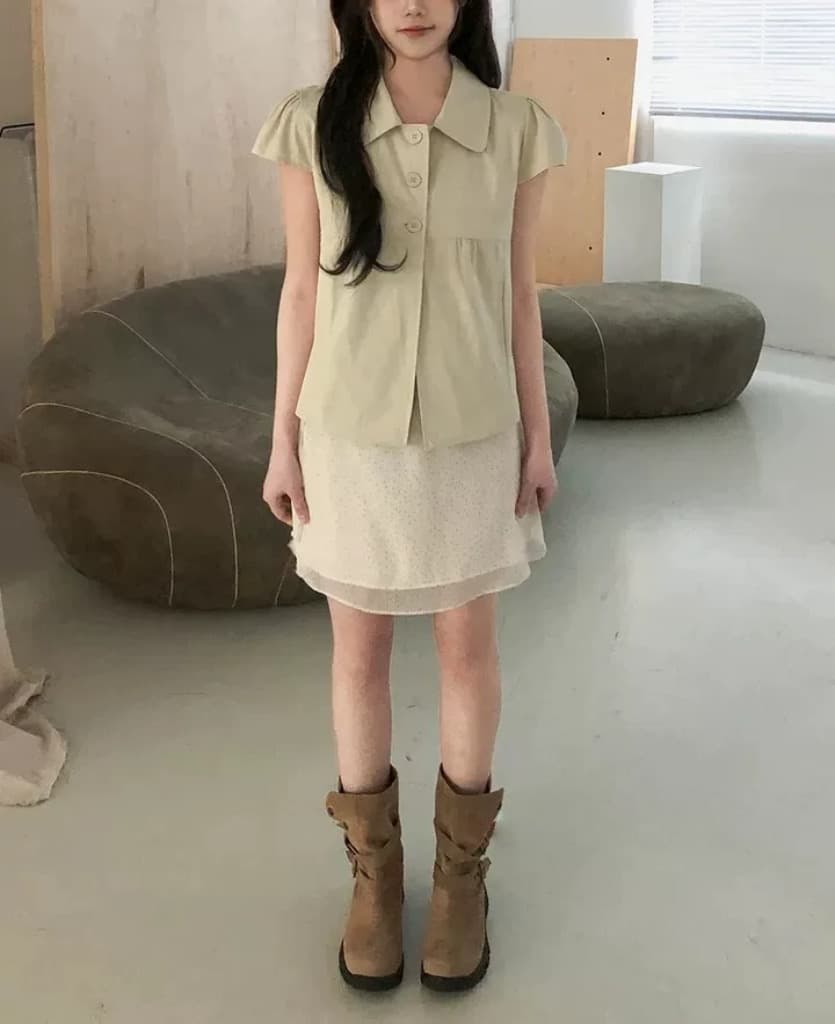 한국 ins 품격 폴로 칼라 부서 버클 단색 반팔 셔츠 상세 이미지 12