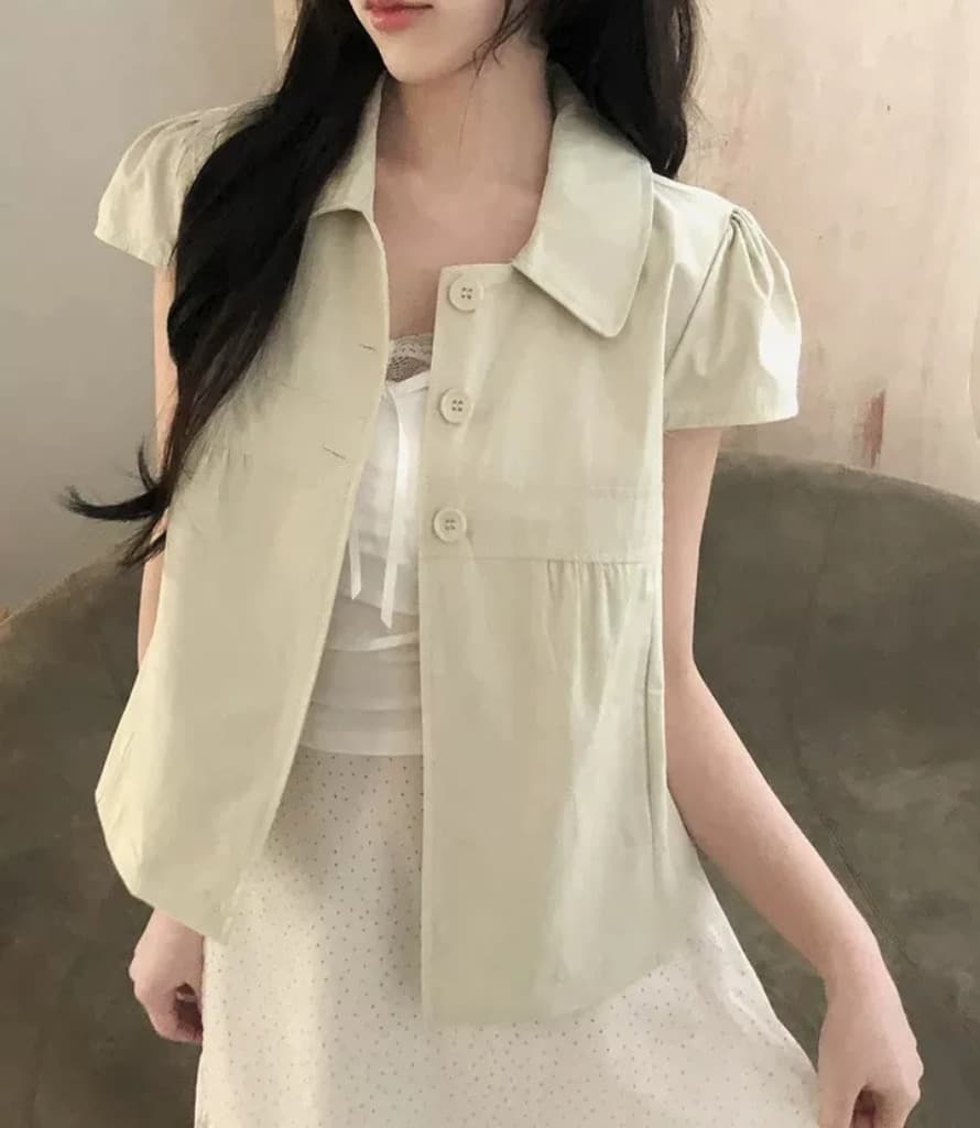 한국 ins 품격 폴로 칼라 부서 버클 단색 반팔 셔츠 상세 이미지 13