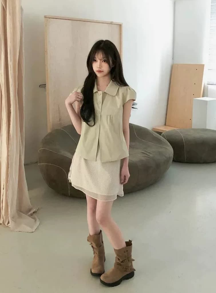 한국 ins 품격 폴로 칼라 부서 버클 단색 반팔 셔츠 상세 이미지 15