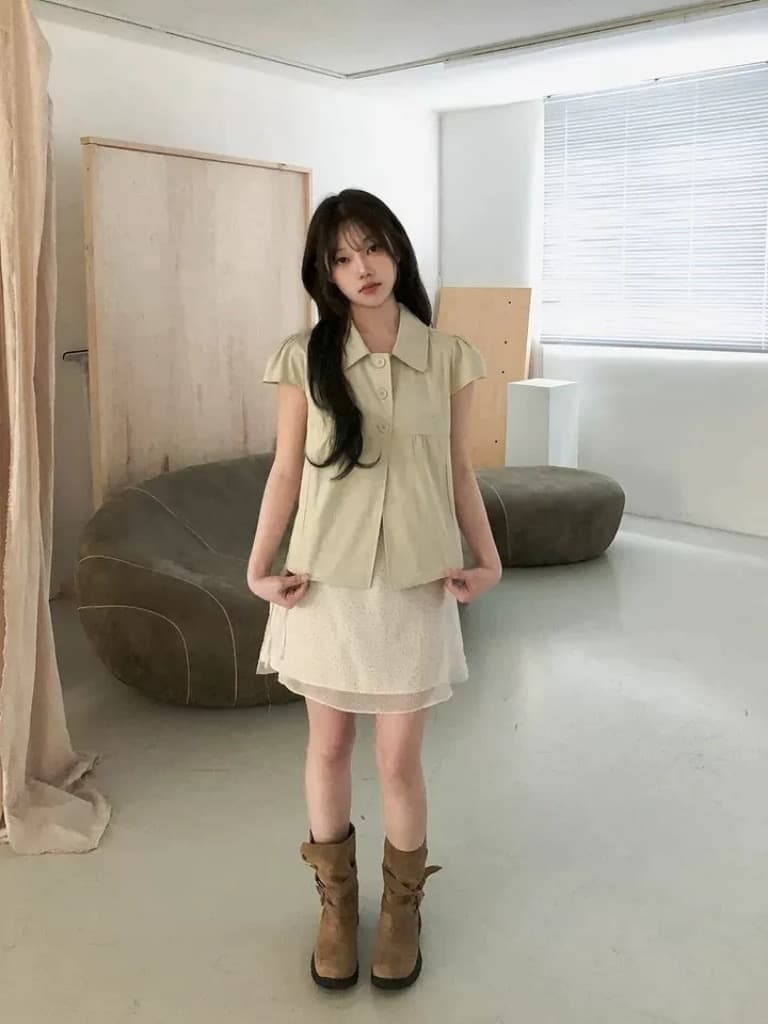 한국 ins 품격 폴로 칼라 부서 버클 단색 반팔 셔츠 상세 이미지 16