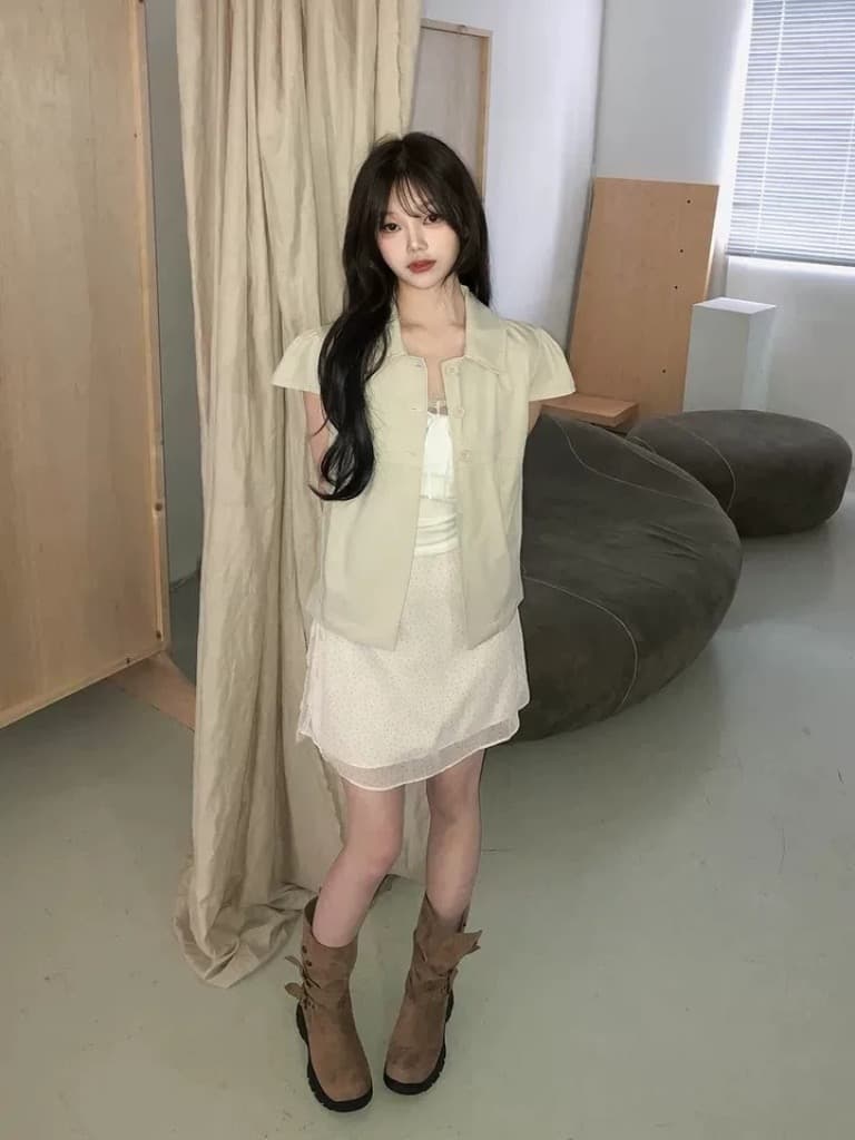 한국 ins 품격 폴로 칼라 부서 버클 단색 반팔 셔츠 상세 이미지 17