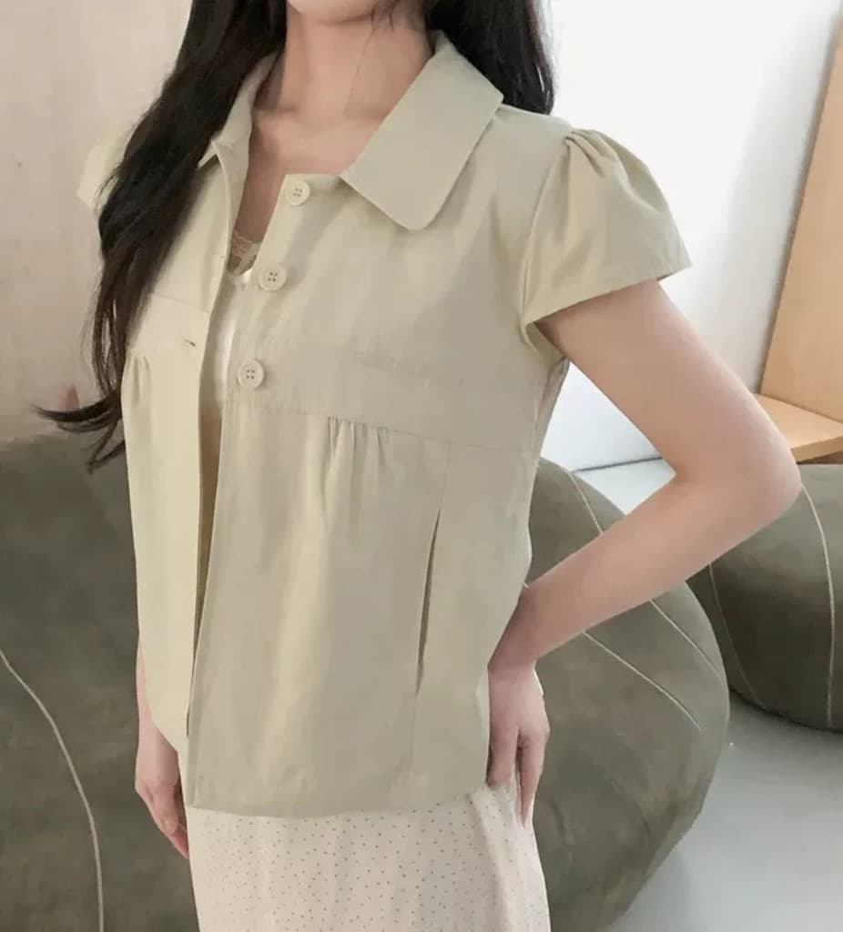 한국 ins 품격 폴로 칼라 부서 버클 단색 반팔 셔츠 상세 이미지 20
