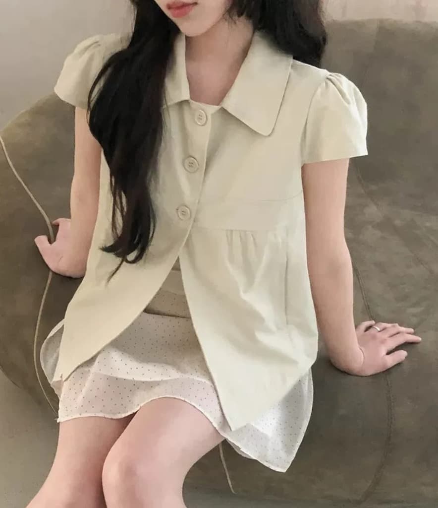 한국 ins 품격 폴로 칼라 부서 버클 단색 반팔 셔츠 상세 이미지 23