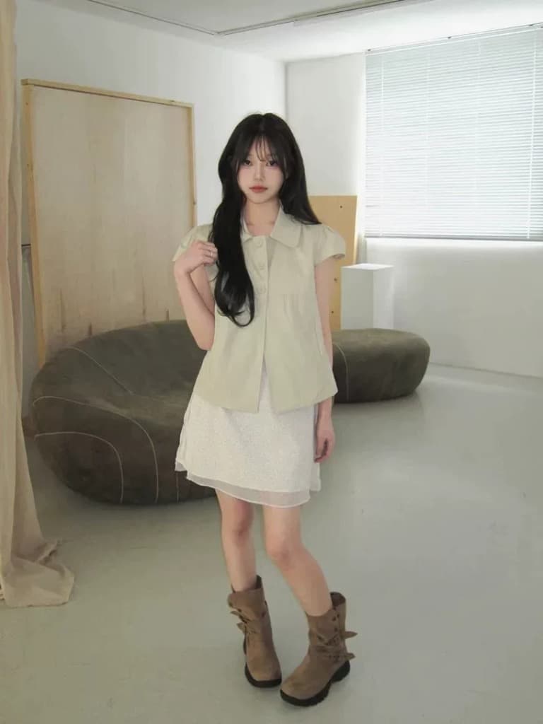 한국 ins 품격 폴로 칼라 부서 버클 단색 반팔 셔츠 상세 이미지 24