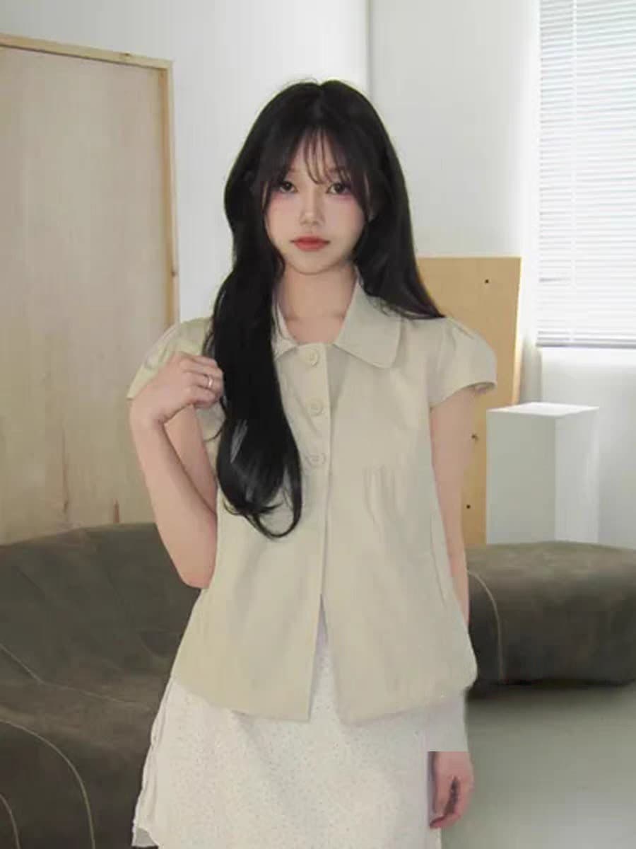 한국 ins 품격 폴로 칼라 부서 버클 단색 반팔 셔츠 상세 이미지 29
