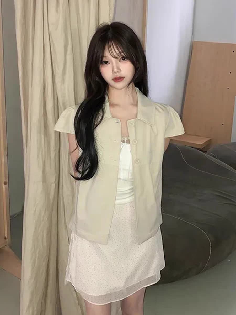 한국 ins 품격 폴로 칼라 부서 버클 단색 반팔 셔츠 상세 이미지 31