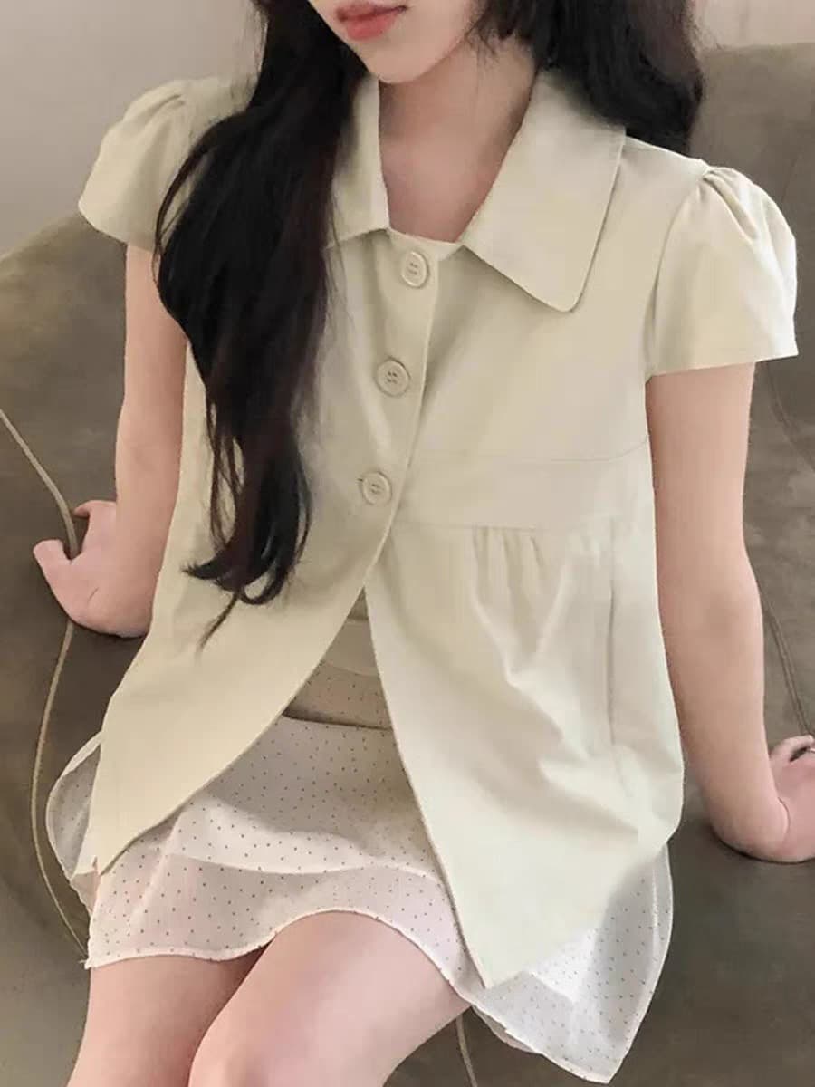 한국 ins 품격 폴로 칼라 부서 버클 단색 반팔 셔츠 상세 이미지 32