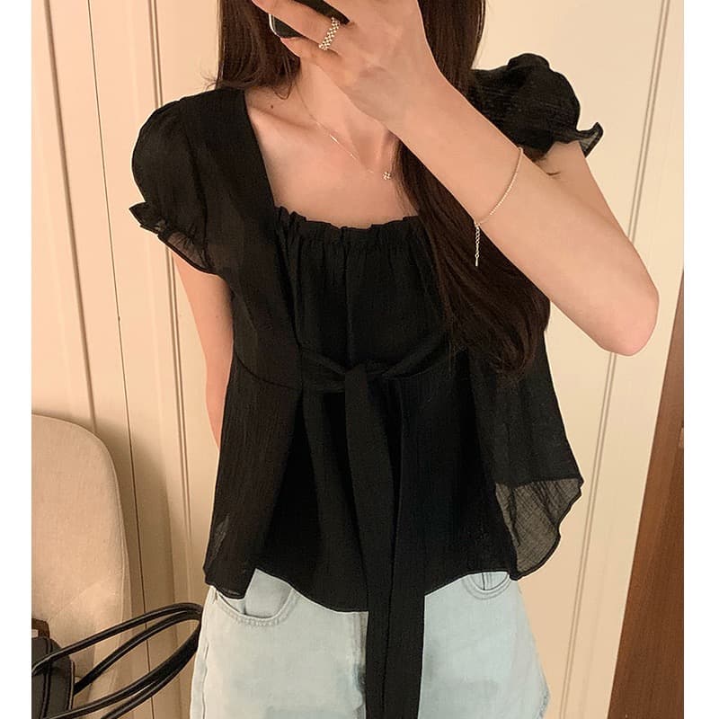 chic 한국 스타일 품격 작은 대중 레이스업 거품 소매 셔츠 이미지 4