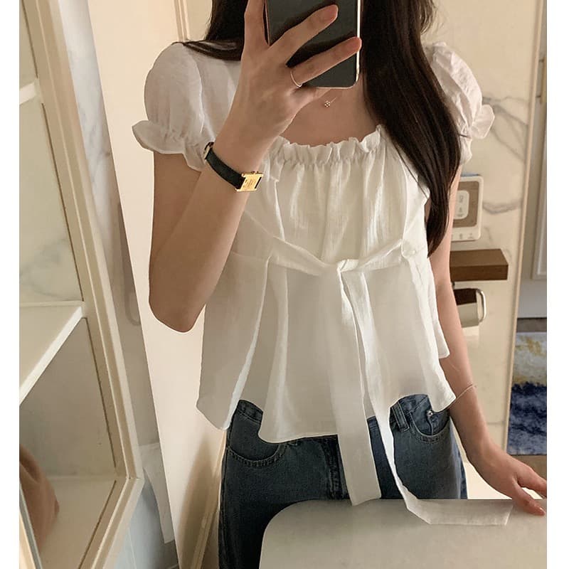 chic 한국 스타일 품격 작은 대중 레이스업 거품 소매 셔츠