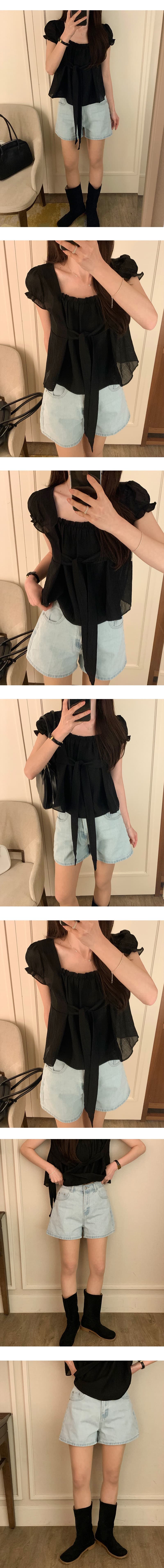 chic 한국 스타일 품격 작은 대중 레이스업 거품 소매 셔츠 상세 이미지 2