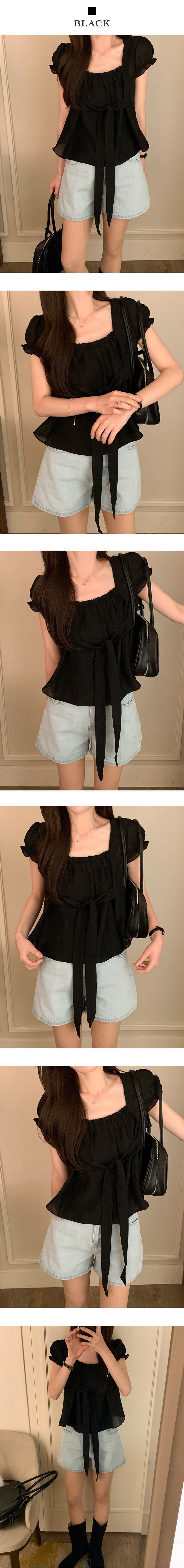 chic 한국 스타일 품격 작은 대중 레이스업 거품 소매 셔츠 상세 이미지 3