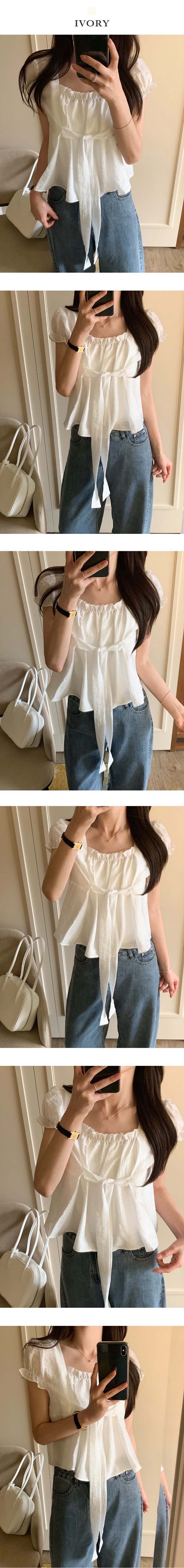 chic 한국 스타일 품격 작은 대중 레이스업 거품 소매 셔츠 상세 이미지 6