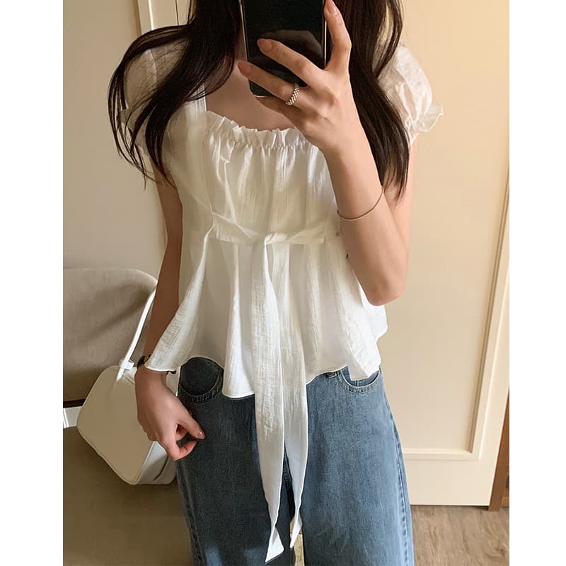 chic 한국 스타일 품격 작은 대중 레이스업 거품 소매 셔츠 상세 이미지 7