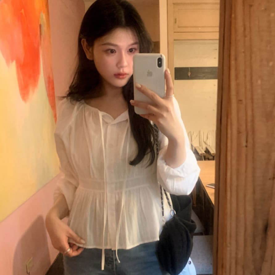봄 새로운 프랑스식 디자인 센스 사탕 색상 레이스업 긴팔 순면 여성 셔츠 루즈핏 디스플레이 농땡이 부리다 연령 감소 맨위