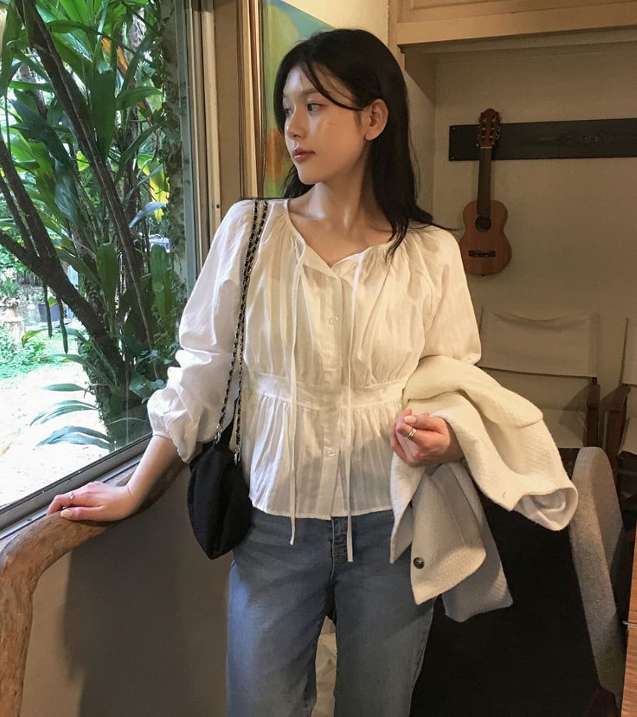 봄 새로운 프랑스식 디자인 센스 사탕 색상 레이스업 긴팔 순면 여성 셔츠 루즈핏 디스플레이 농땡이 부리다 연령 감소 맨위 상세 이미지 12