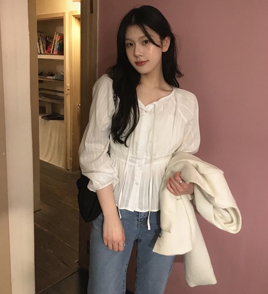 봄 새로운 프랑스식 디자인 센스 사탕 색상 레이스업 긴팔 순면 여성 셔츠 루즈핏 디스플레이 농땡이 부리다 연령 감소 맨위 상세 이미지 21