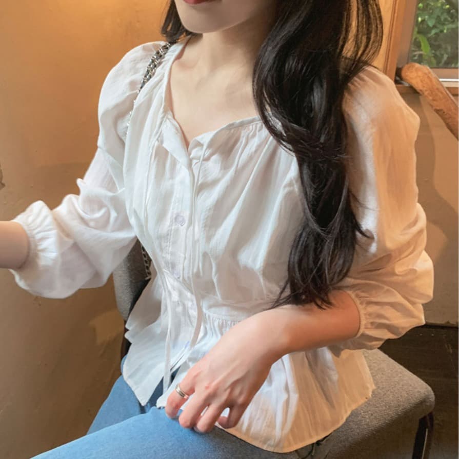 봄 새로운 프랑스식 디자인 센스 사탕 색상 레이스업 긴팔 순면 여성 셔츠 루즈핏 디스플레이 농땡이 부리다 연령 감소 맨위 상세 이미지 23