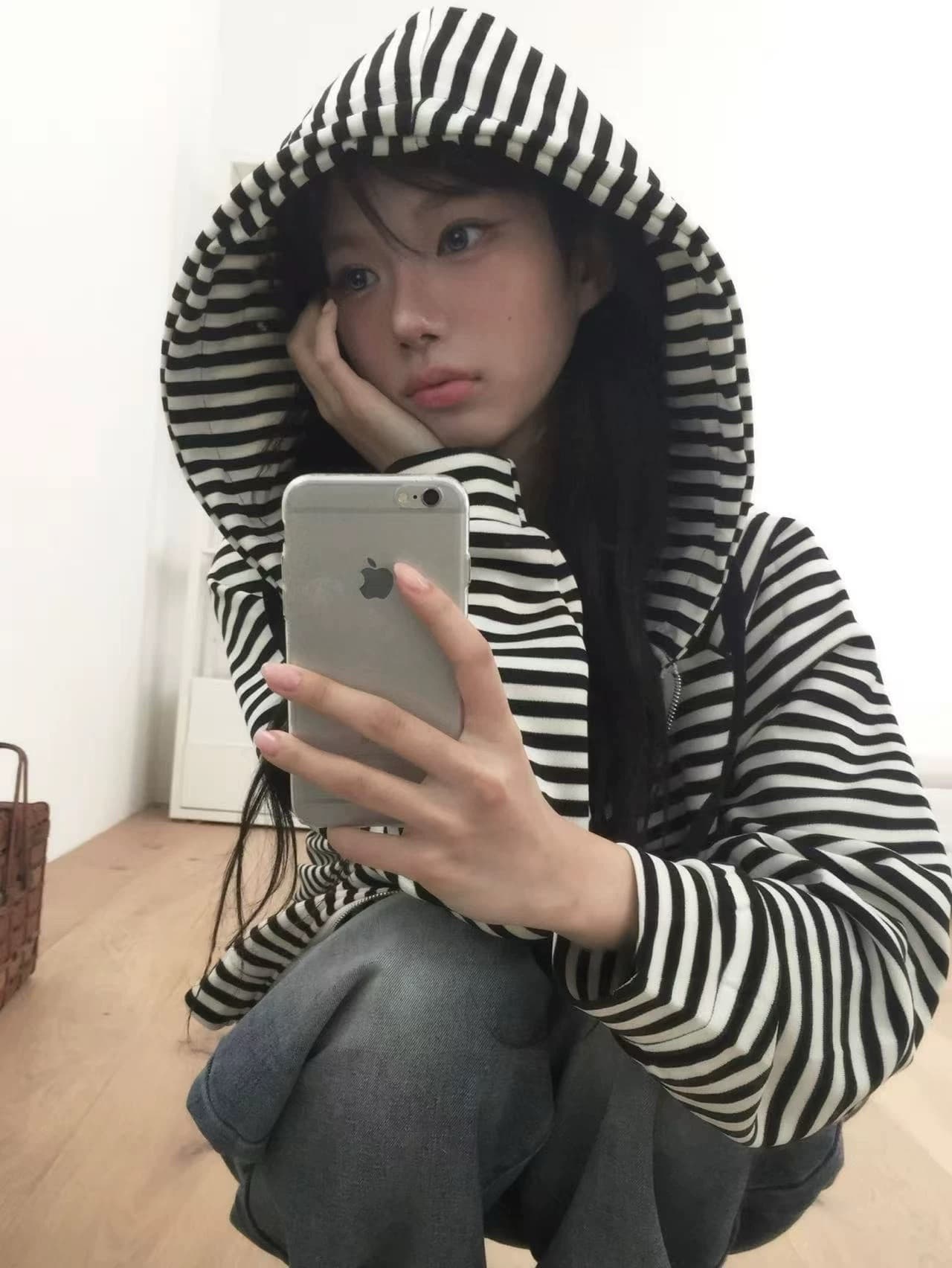 있음 밖으로 한국 2026 봄 신제품 스트라이프 귀여운 후드 지퍼 후드티 여성 상세 이미지 21