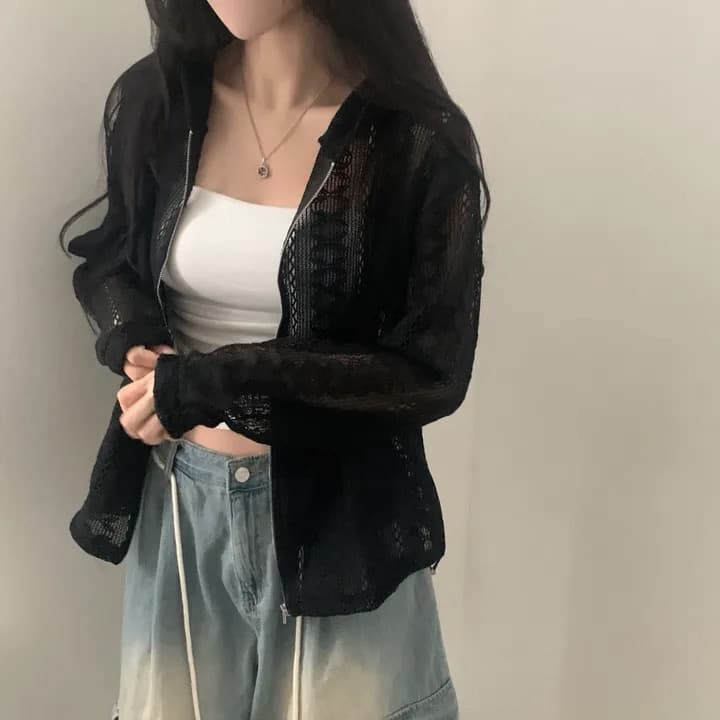 재고 있음 새로운 작은 대중 연령 감소 홀로우 아웃 자카드 펌프 로프 후드 레이스 재킷 상세 이미지 4