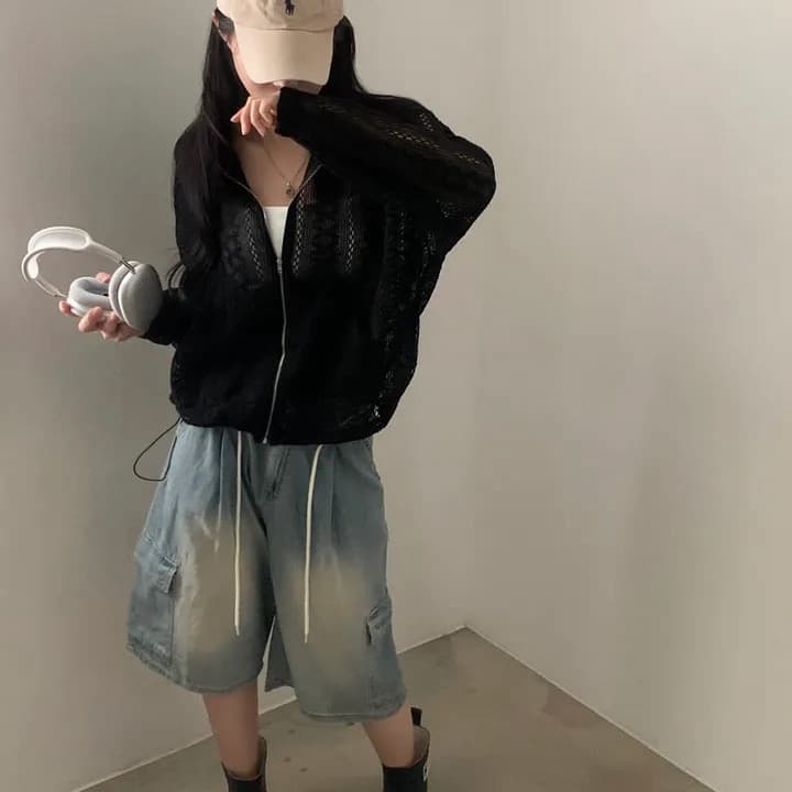 재고 있음 새로운 작은 대중 연령 감소 홀로우 아웃 자카드 펌프 로프 후드 레이스 재킷 상세 이미지 5