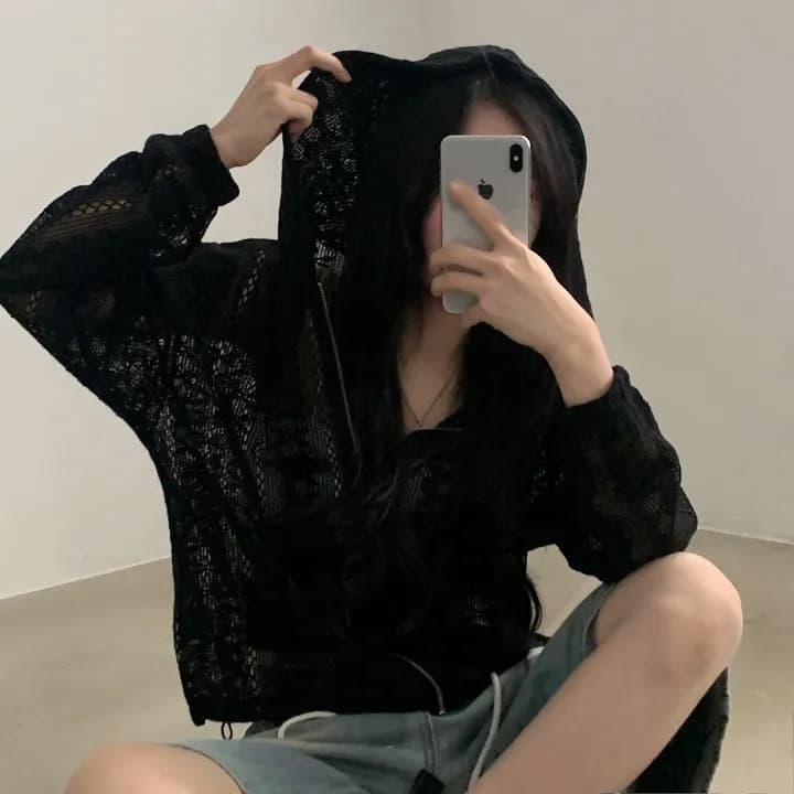재고 있음 새로운 작은 대중 연령 감소 홀로우 아웃 자카드 펌프 로프 후드 레이스 재킷 상세 이미지 6