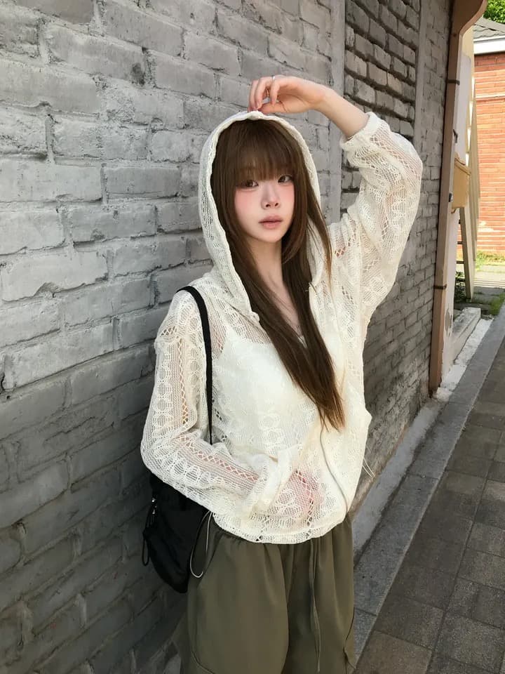 재고 있음 새로운 작은 대중 연령 감소 홀로우 아웃 자카드 펌프 로프 후드 레이스 재킷 상세 이미지 7