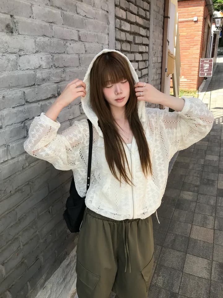 재고 있음 새로운 작은 대중 연령 감소 홀로우 아웃 자카드 펌프 로프 후드 레이스 재킷 상세 이미지 11