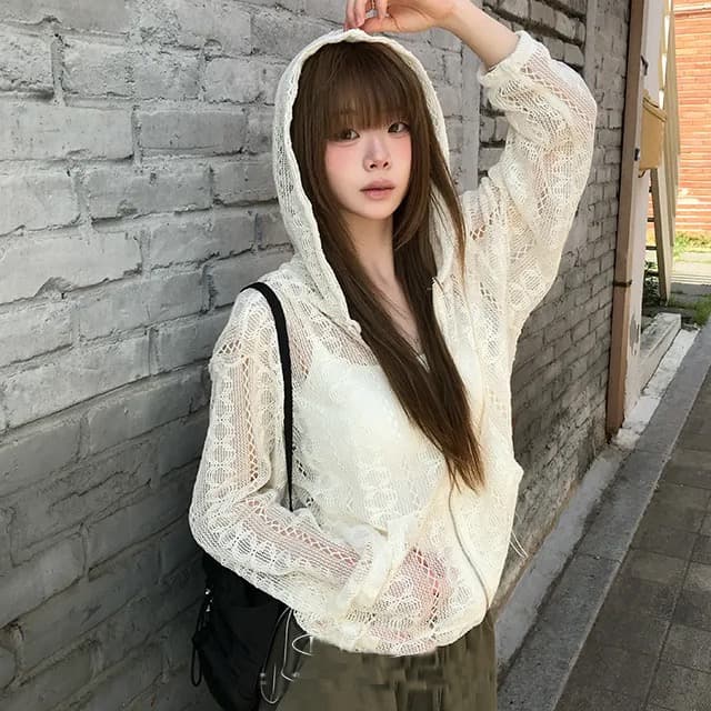 재고 있음 새로운 작은 대중 연령 감소 홀로우 아웃 자카드 펌프 로프 후드 레이스 재킷 상세 이미지 22