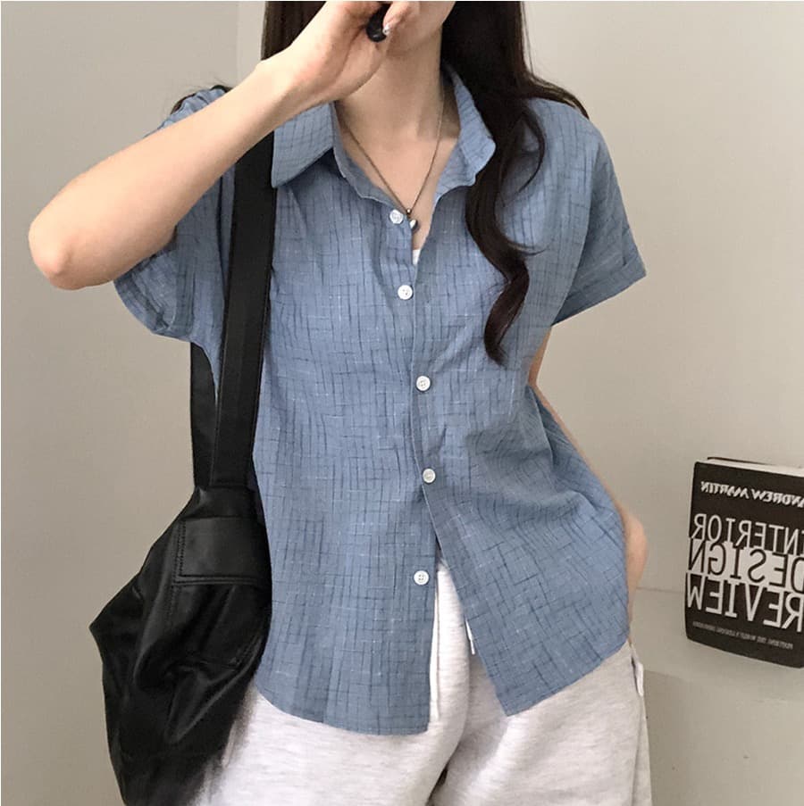 한국 여름 chic 루즈핏 탑 옷깃 볼륨 측면 가을 어깨 소매 반팔 체크무늬 여성 셔츠