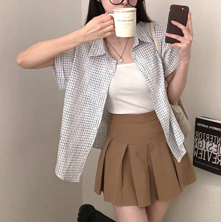 한국 여름 chic 루즈핏 탑 옷깃 볼륨 측면 가을 어깨 소매 반팔 체크무늬 여성 셔츠 상세 이미지 6