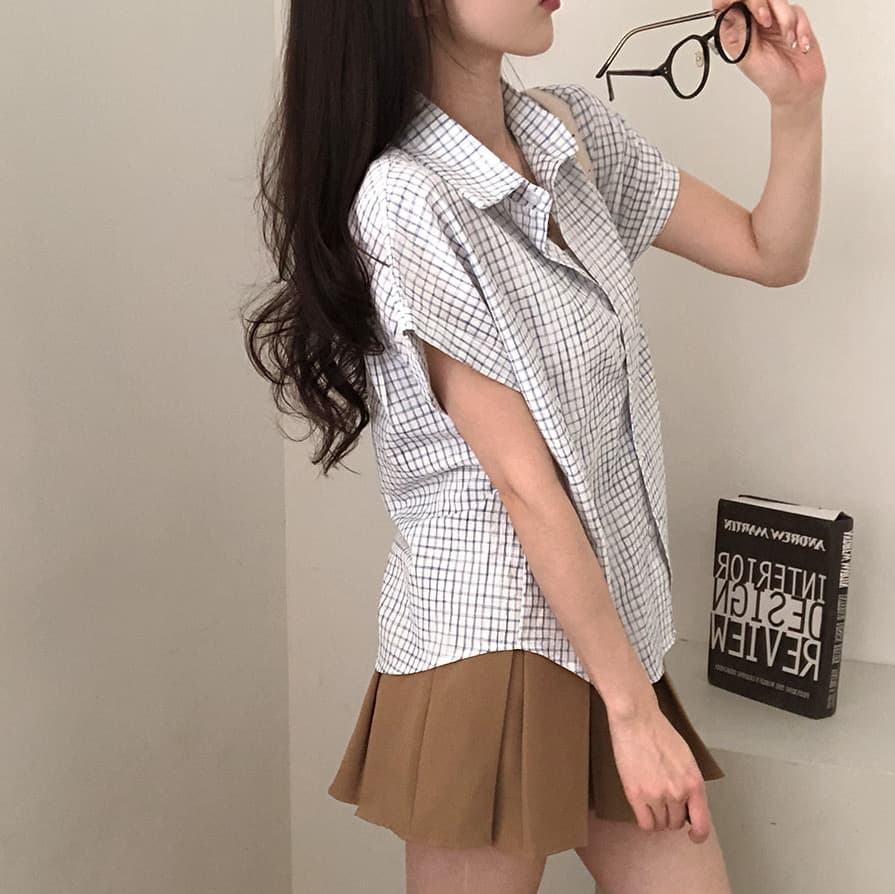 한국 여름 chic 루즈핏 탑 옷깃 볼륨 측면 가을 어깨 소매 반팔 체크무늬 여성 셔츠 상세 이미지 9
