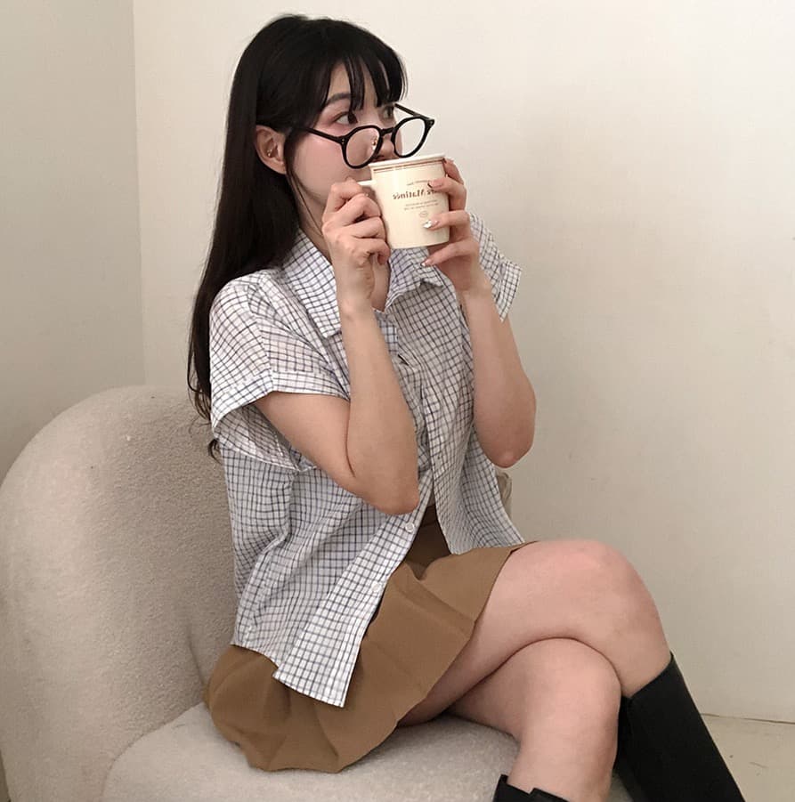 한국 여름 chic 루즈핏 탑 옷깃 볼륨 측면 가을 어깨 소매 반팔 체크무늬 여성 셔츠 상세 이미지 11
