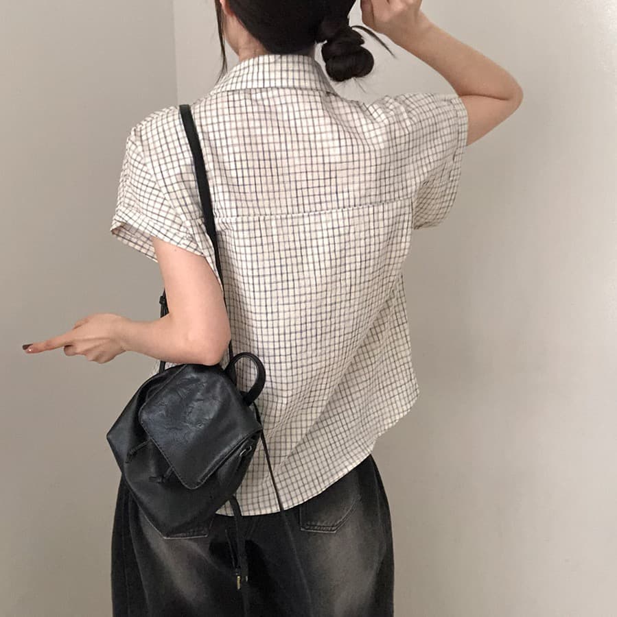한국 여름 chic 루즈핏 탑 옷깃 볼륨 측면 가을 어깨 소매 반팔 체크무늬 여성 셔츠 상세 이미지 12