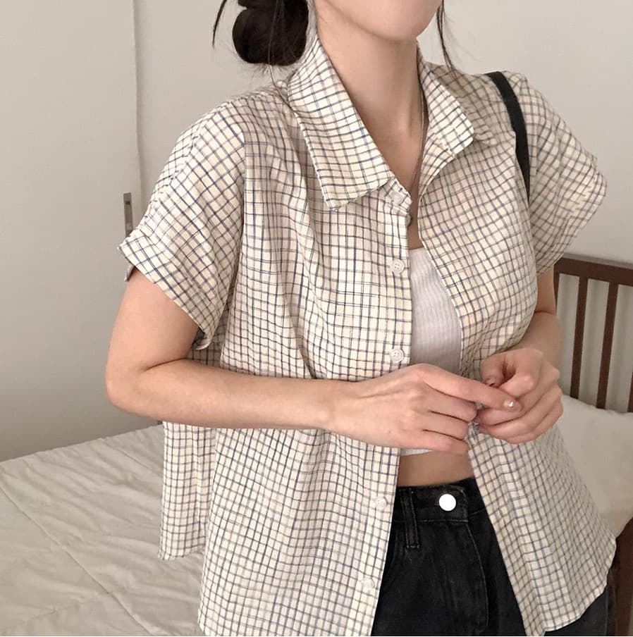 한국 여름 chic 루즈핏 탑 옷깃 볼륨 측면 가을 어깨 소매 반팔 체크무늬 여성 셔츠 상세 이미지 14