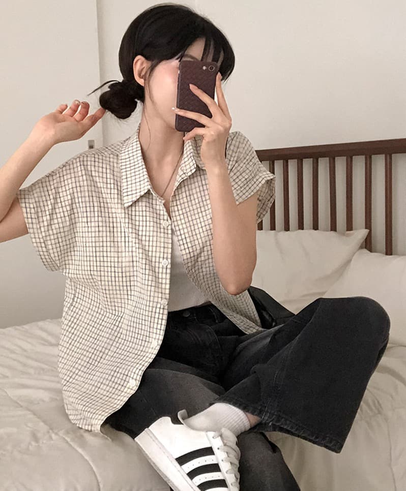 한국 여름 chic 루즈핏 탑 옷깃 볼륨 측면 가을 어깨 소매 반팔 체크무늬 여성 셔츠 상세 이미지 15