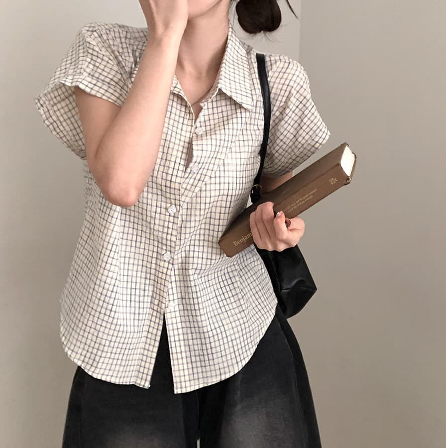 한국 여름 chic 루즈핏 탑 옷깃 볼륨 측면 가을 어깨 소매 반팔 체크무늬 여성 셔츠 상세 이미지 17