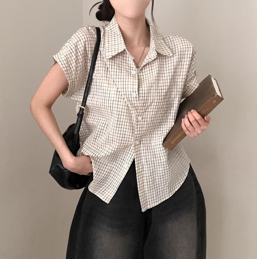 한국 여름 chic 루즈핏 탑 옷깃 볼륨 측면 가을 어깨 소매 반팔 체크무늬 여성 셔츠 상세 이미지 19