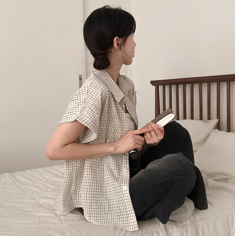 한국 여름 chic 루즈핏 탑 옷깃 볼륨 측면 가을 어깨 소매 반팔 체크무늬 여성 셔츠 상세 이미지 20