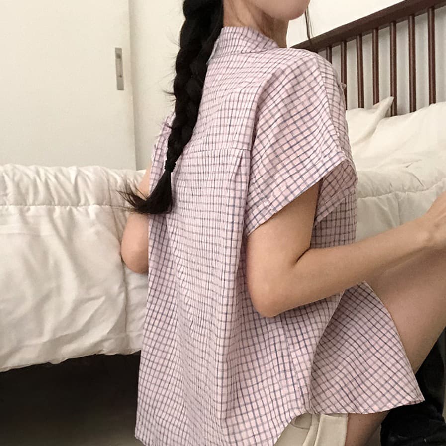 한국 여름 chic 루즈핏 탑 옷깃 볼륨 측면 가을 어깨 소매 반팔 체크무늬 여성 셔츠 상세 이미지 22
