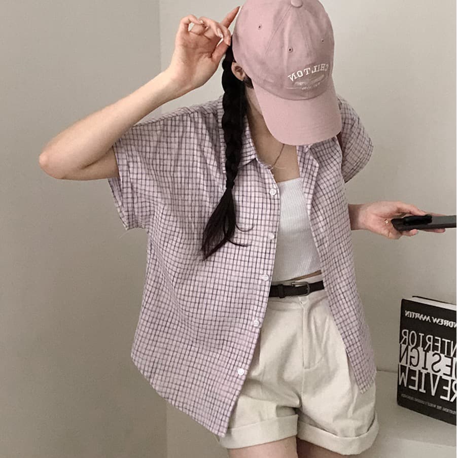 한국 여름 chic 루즈핏 탑 옷깃 볼륨 측면 가을 어깨 소매 반팔 체크무늬 여성 셔츠 상세 이미지 26