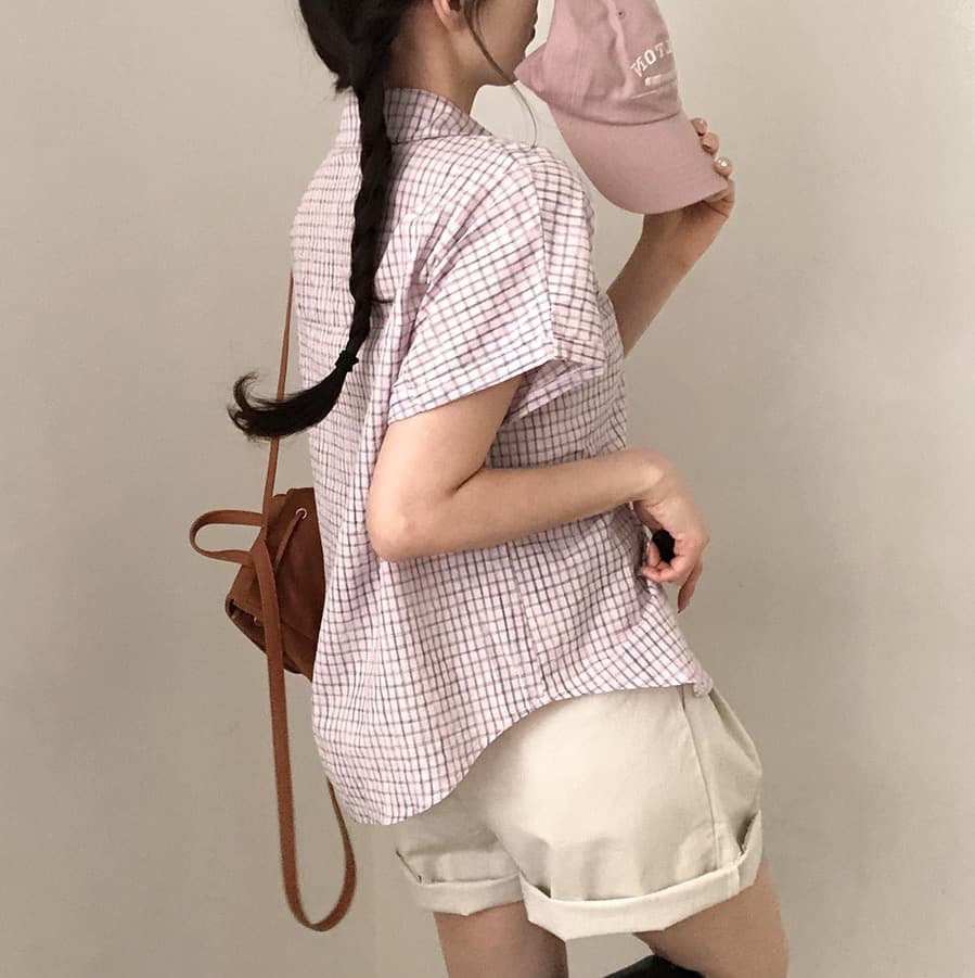한국 여름 chic 루즈핏 탑 옷깃 볼륨 측면 가을 어깨 소매 반팔 체크무늬 여성 셔츠 상세 이미지 27