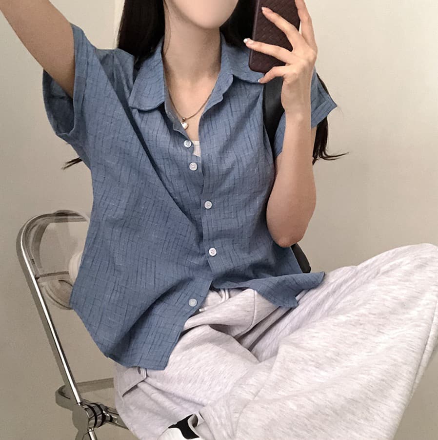 한국 여름 chic 루즈핏 탑 옷깃 볼륨 측면 가을 어깨 소매 반팔 체크무늬 여성 셔츠 상세 이미지 30