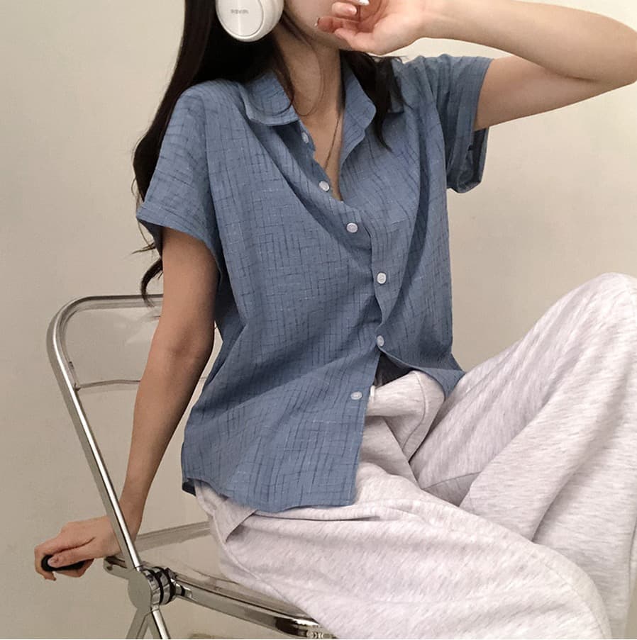 한국 여름 chic 루즈핏 탑 옷깃 볼륨 측면 가을 어깨 소매 반팔 체크무늬 여성 셔츠 상세 이미지 31